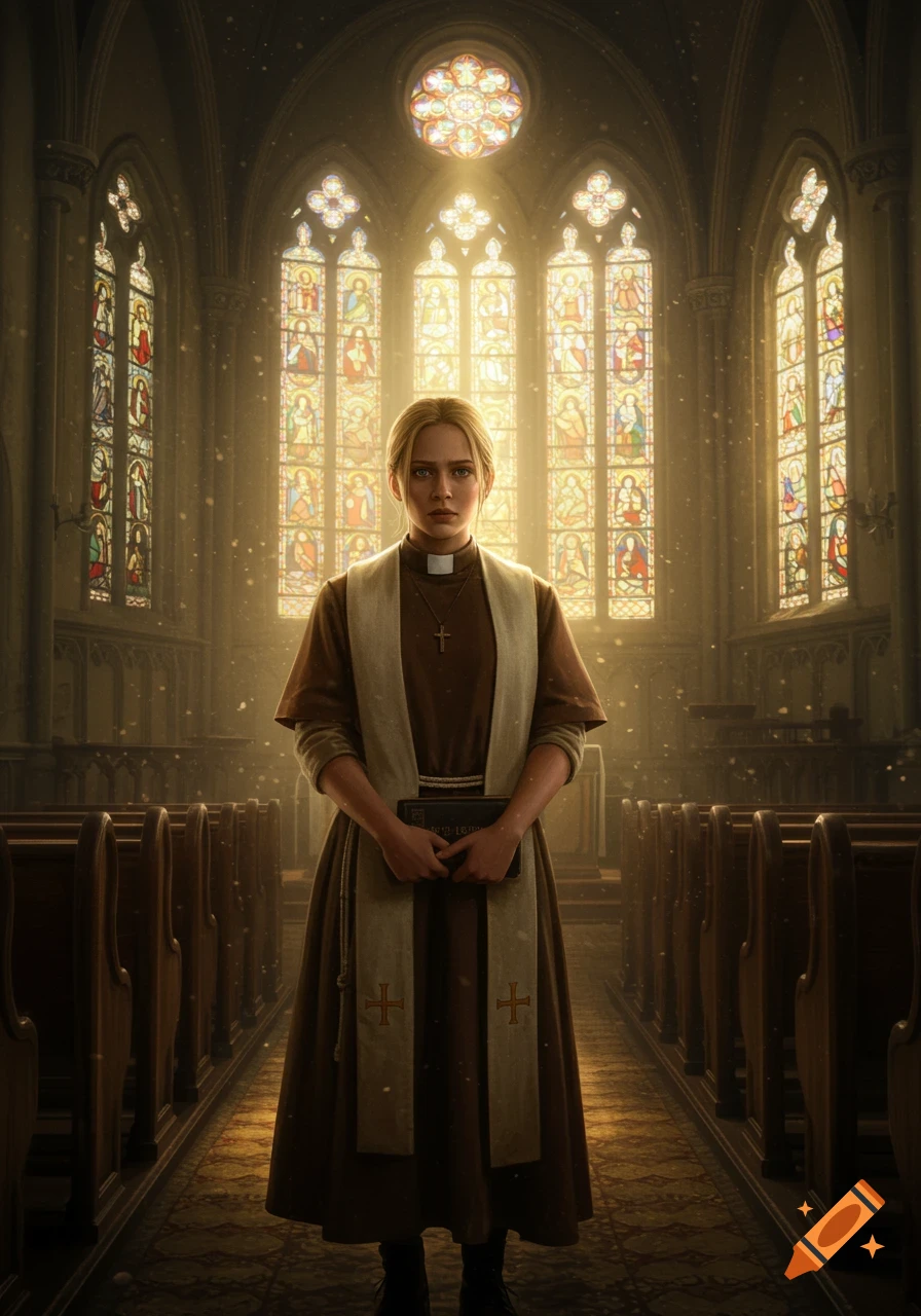 A blonde woman in a brown robe and white stole with a crucifix necklace stands holding a book in a grand church with large, glowing stained glass windows.
