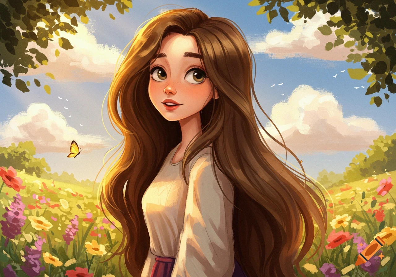 A cheerful animated girl with long brown hair smiles in a sunlit field of colorful wildflowers with a butterfly.