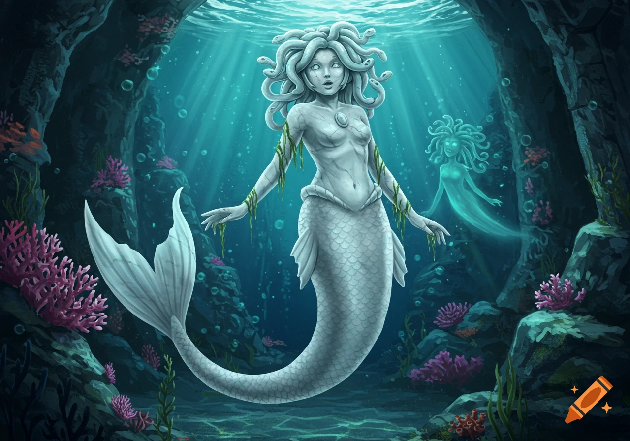 A white stone mermaid with snake hair, like Medusa, stands in an underwater cave surrounded by colorful coral, with a ghostly figure in the background.