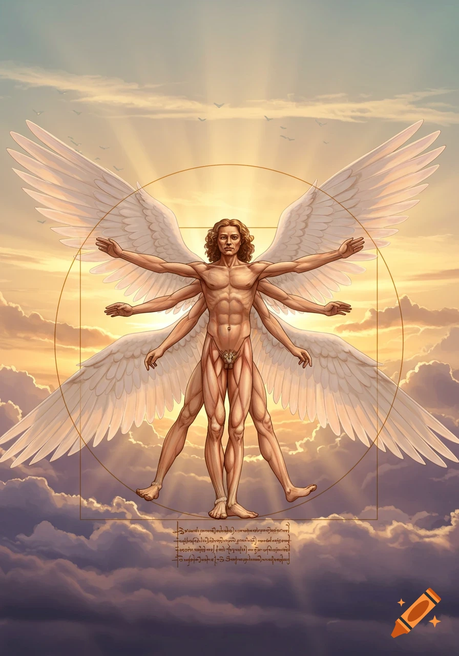 An angelic Vitruvian Man with multiple arms, legs, and large white wings, against a golden sky with clouds and sun rays.