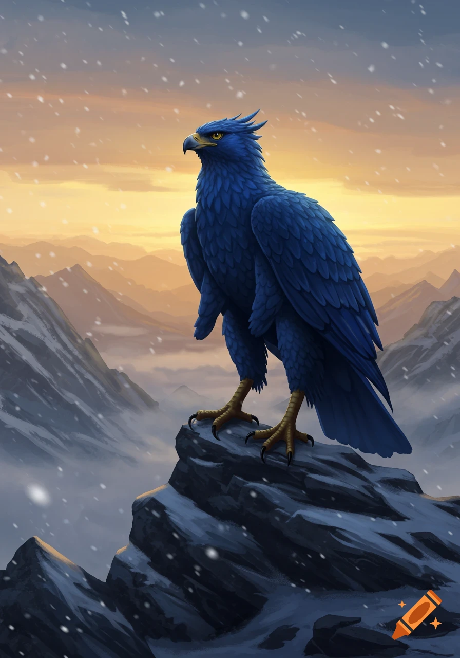 A majestic blue eagle perches on a snowy mountain peak at sunset, with falling snow.