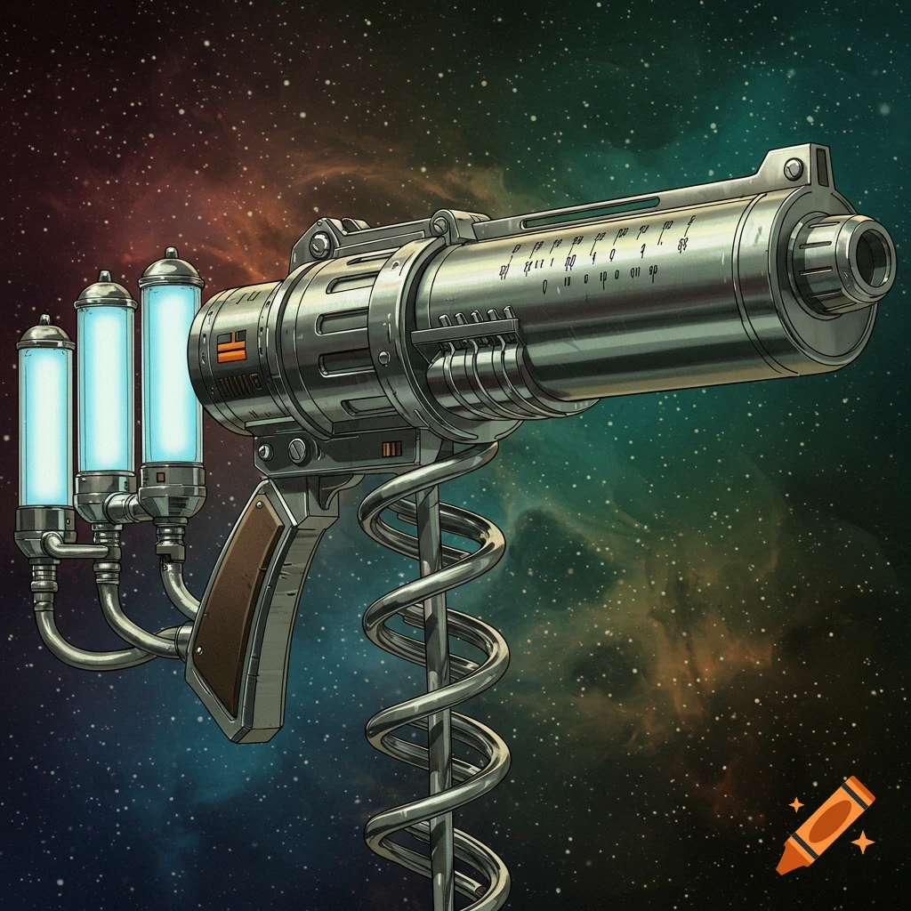 Stylized metallic sci-fi weapon with glowing tubes and a spiral stand against a starry cosmic background.
