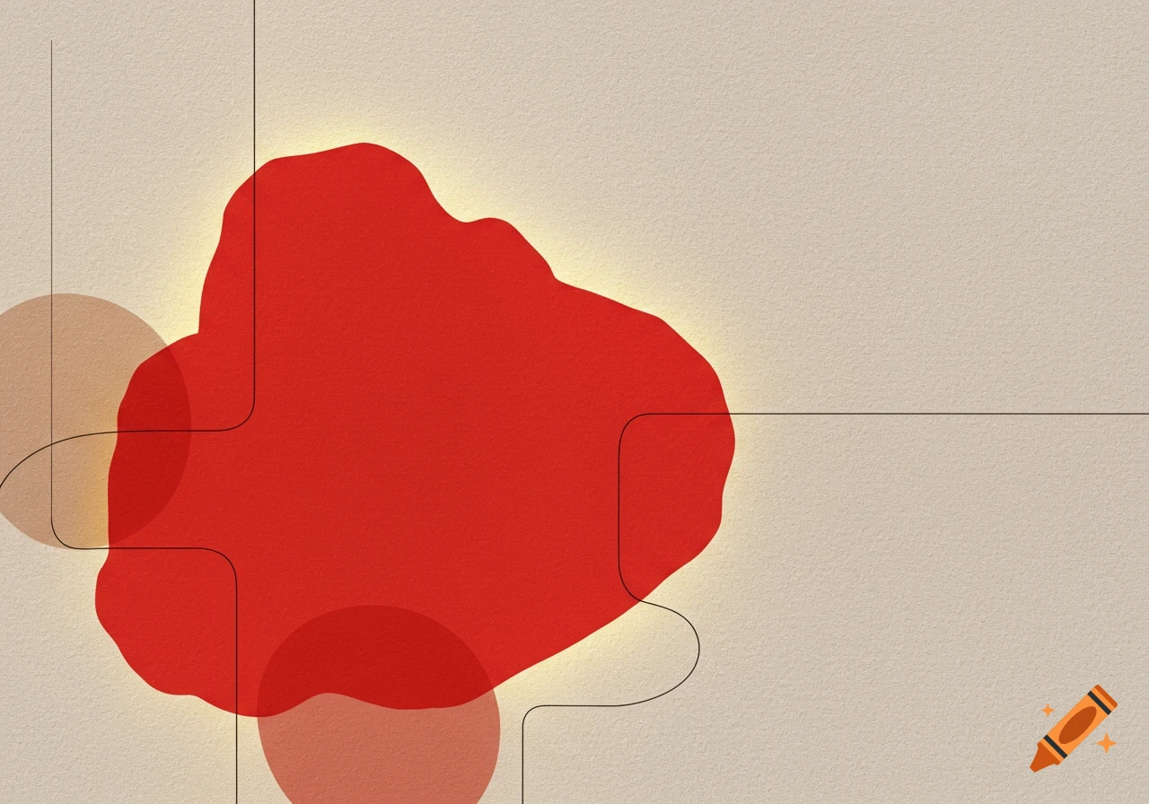 An abstract artwork featuring a large, glowing red amorphous shape, with smaller translucent red and brown circles, and thin black geometric lines, all on a textured light beige background.