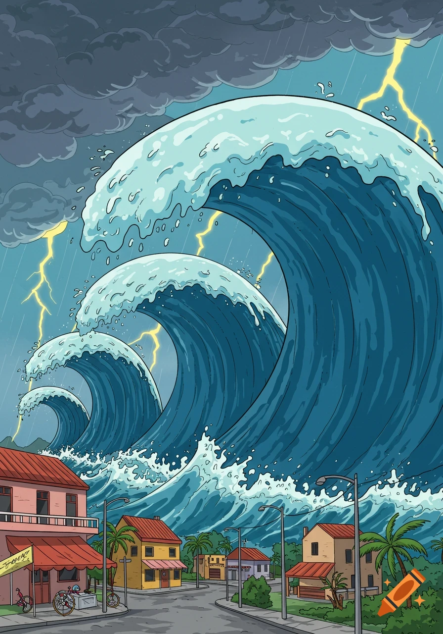A series of massive cartoon tidal waves with foamy crests crash towards a town of colorful houses under a stormy sky with lightning.