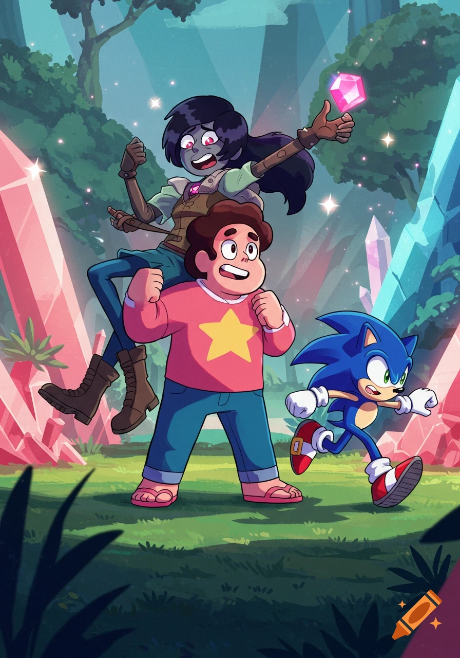 Steven Universe carries a four-armed character resembling Marcy Wu on his shoulders, with Sonic the Hedgehog running alongside them in a forest filled with large pink and blue crystals. The cartoon illustration is vibrant.