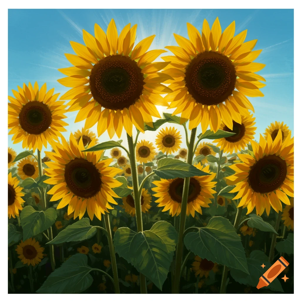 A field of vibrant yellow sunflowers under a bright blue sky with visible sunrays.