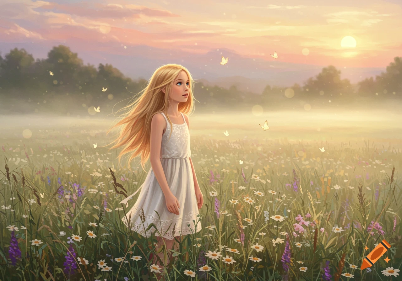 A blonde girl in a white dress stands in a misty field of wildflowers with butterflies at sunset, in an illustrative style.
