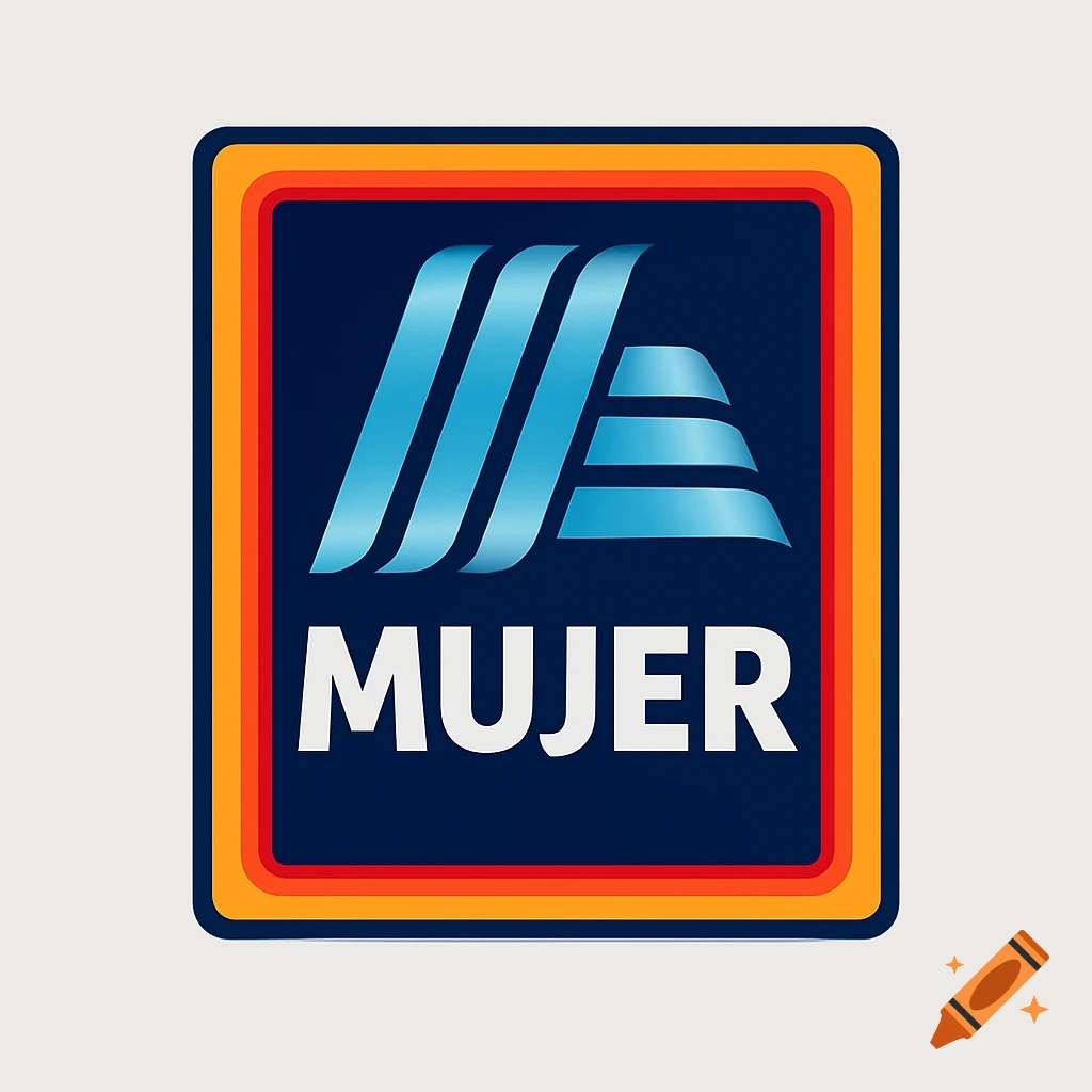 A dark blue rectangular logo with rounded corners, featuring a light blue abstract wavy symbol above the white word 'MUJER', all framed by orange and yellow borders.