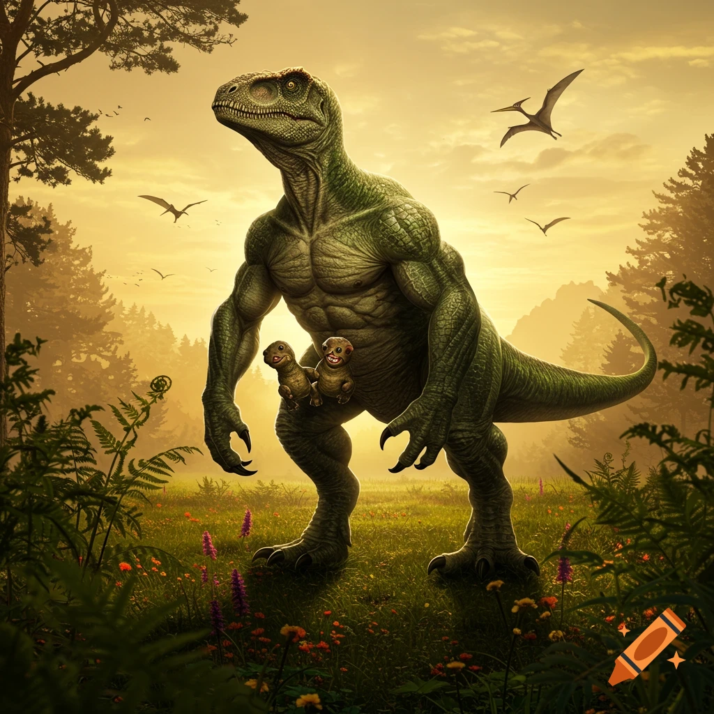 A heavily muscled green dinosaur with small arms and two large arms stands in a sunlit prehistoric forest with two small, brown baby dinosaurs clinging to its body.