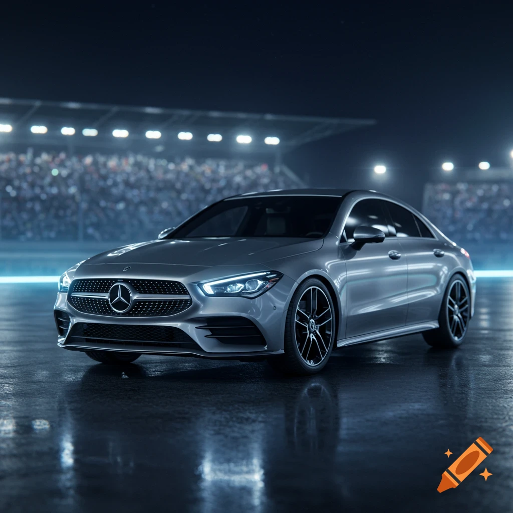 A silver Mercedes Benz car parked on a wet surface at night, with a blurred stadium in the background.