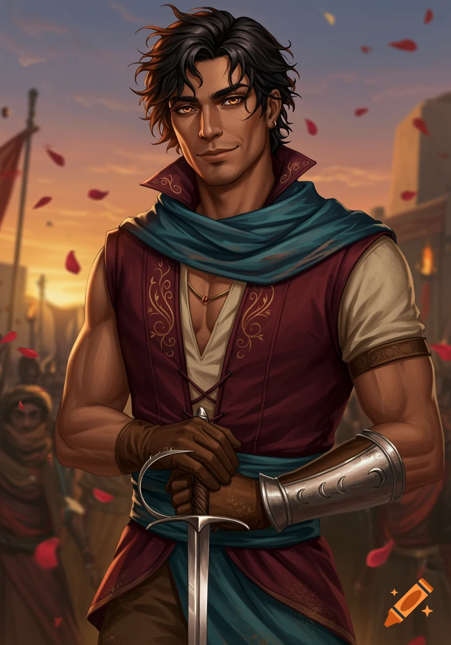 A charismatic dark-haired desert duelist with amber eyes, wearing burgundy and blue, holds a rapier in a bustling marketplace at sunset.