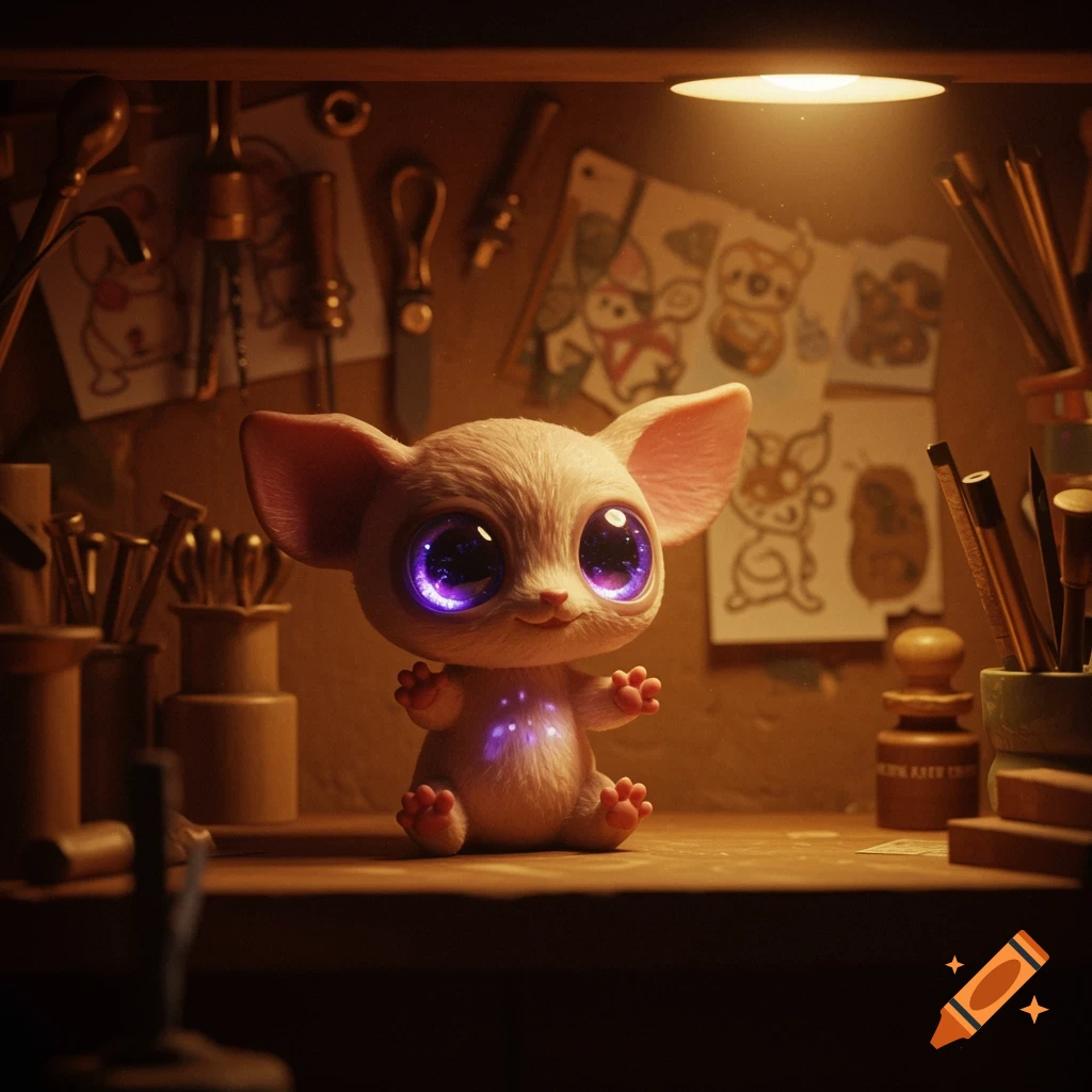 A cute, big-eared, big-eyed fantasy creature with glowing eyes and body sits on a wooden desk under a lamp, surrounded by tools and drawings.