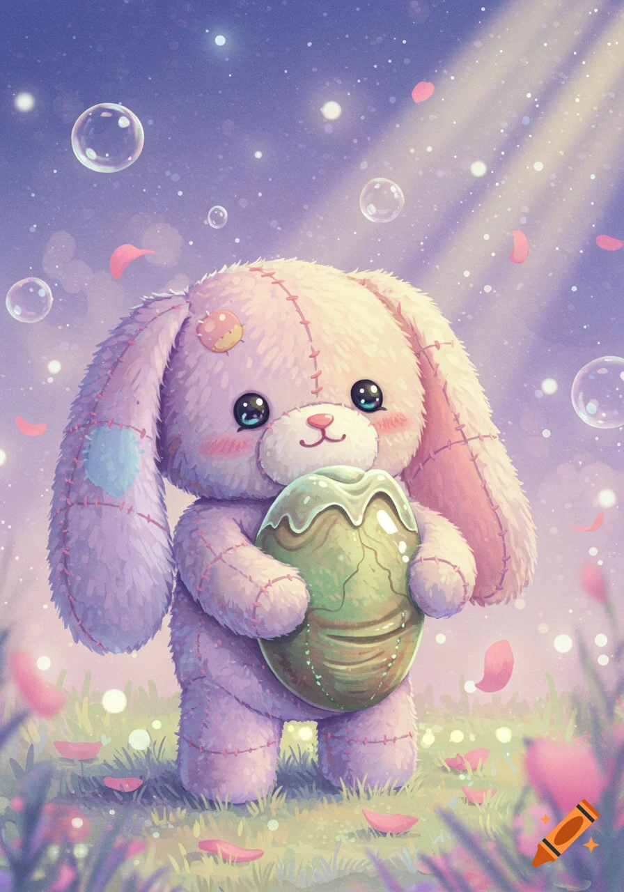 A cute pink stuffed bunny with patches holds a green, cracked alien egg in a field with bubbles and sun rays.