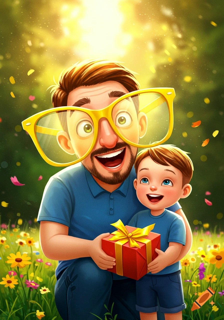 A vibrant cartoon illustration of a smiling father wearing oversized yellow glasses, holding his son who holds a red gift box in a sunny field.