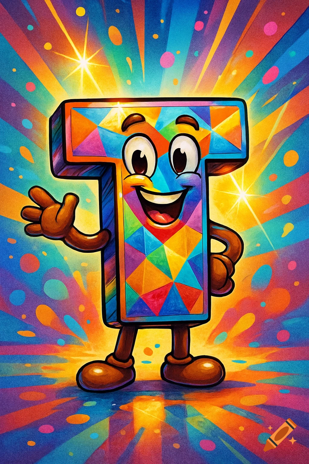 A cheerful, colorful cartoon letter T with arms and legs waves against a vibrant background of light rays and dots.