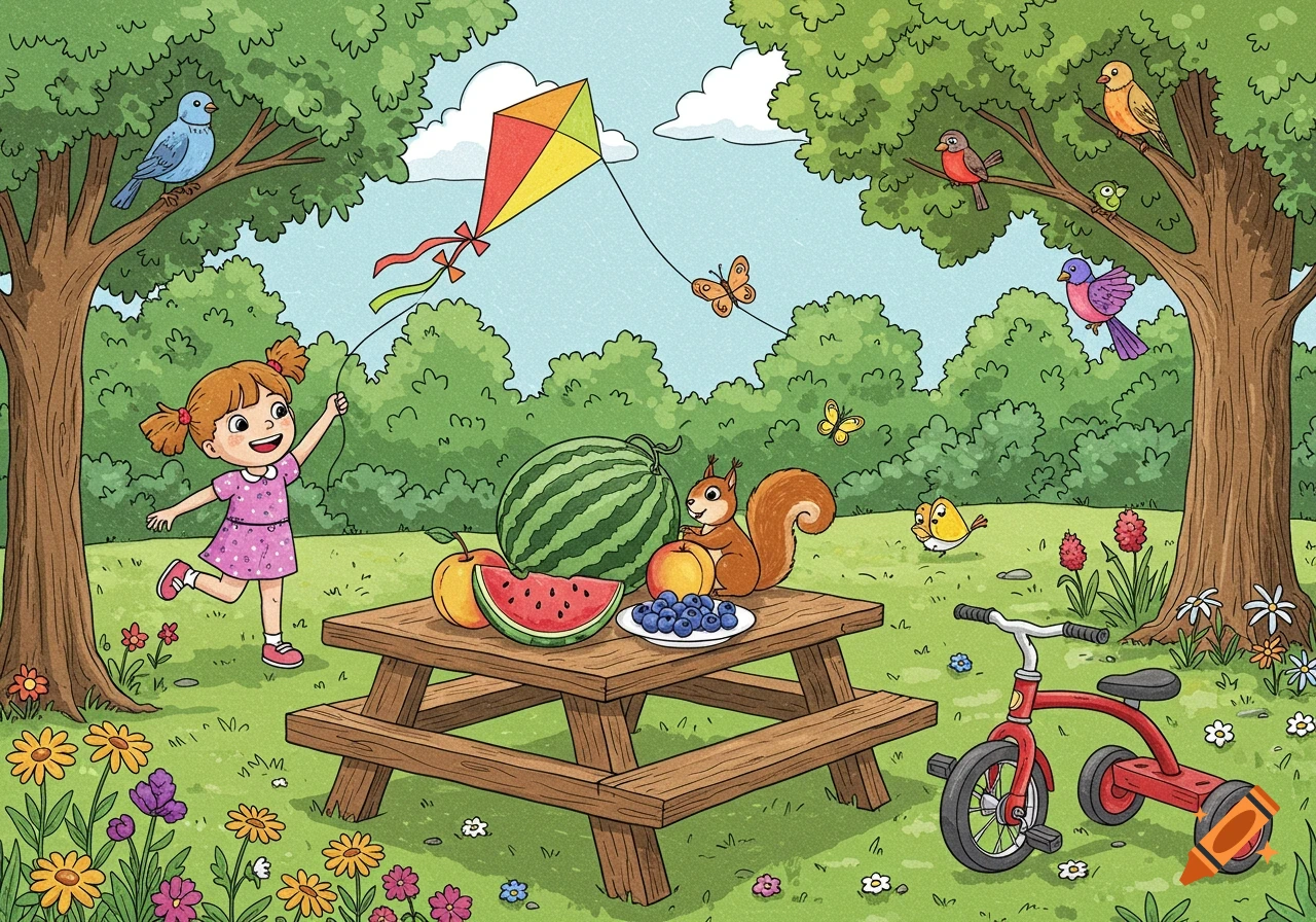 A cheerful cartoon girl flying a kite in a park with a picnic table, squirrel, birds, and a tricycle.