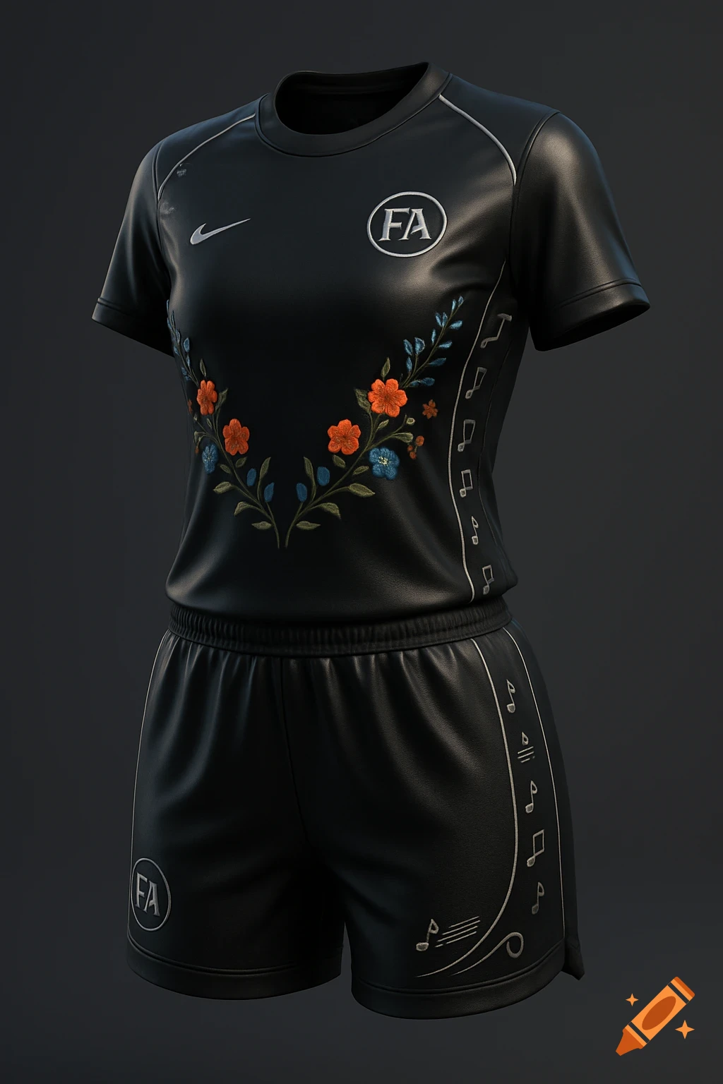 Black women's soccer kit with silver trim, embroidered orange and blue flowers, and silver music note designs.