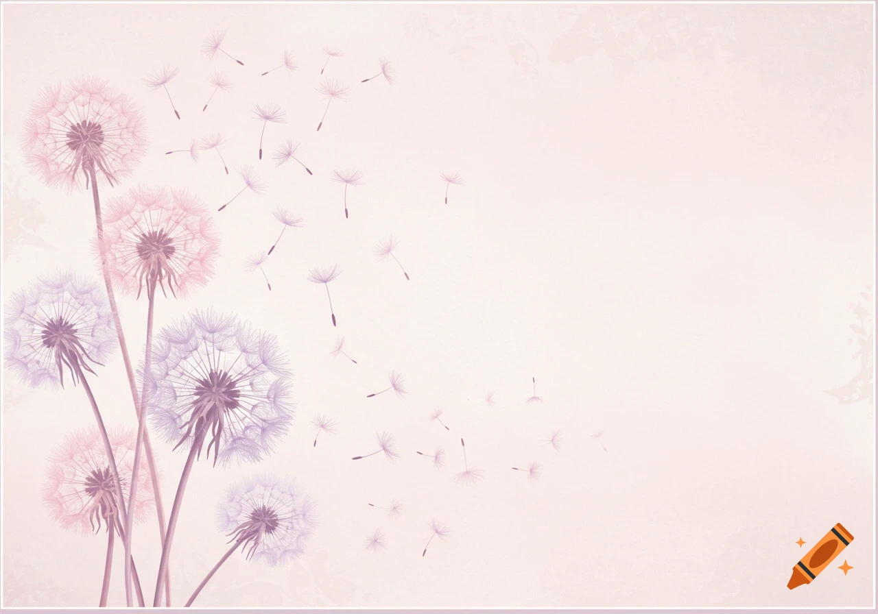 Illustration of light pink and lilac dandelions with seeds blowing across a pearly background, framed by a delicate border.