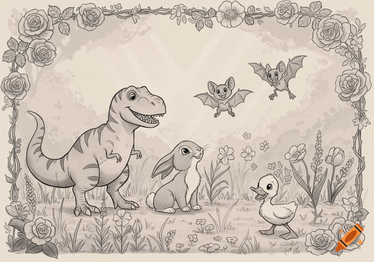 A black-and-grey cartoon illustration of a T-Rex, rabbit, duckling, and two bats playing in a whimsical floral garden.