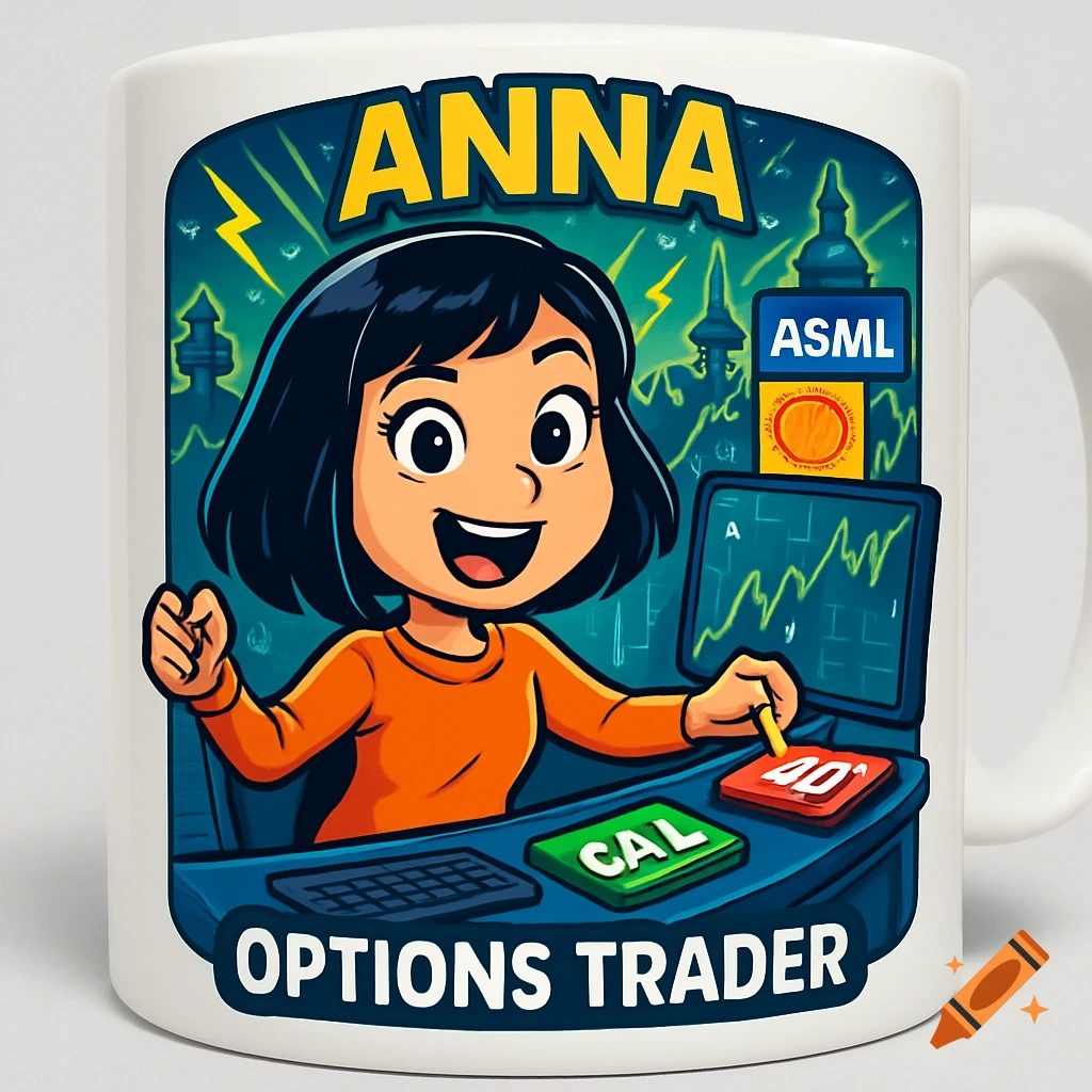 A cartoon of a smiling girl with dark hair, labeled "ANNA OPTIONS TRADER", sitting at a desk with a computer and trading blocks, on a white mug.