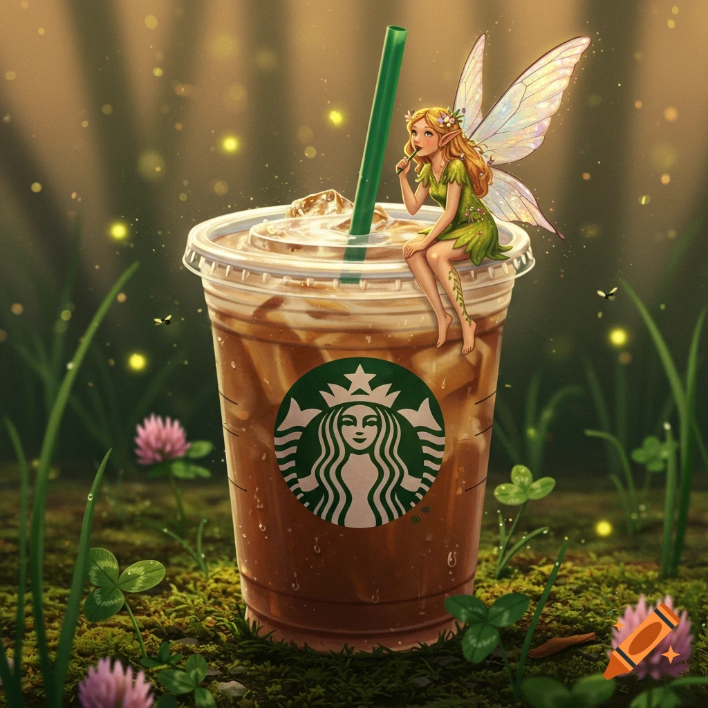 An illustration of a small fairy with blonde hair and green clothes sitting on the lid of a Starbucks iced coffee cup, surrounded by a magical forest with glowing fireflies and clover.
