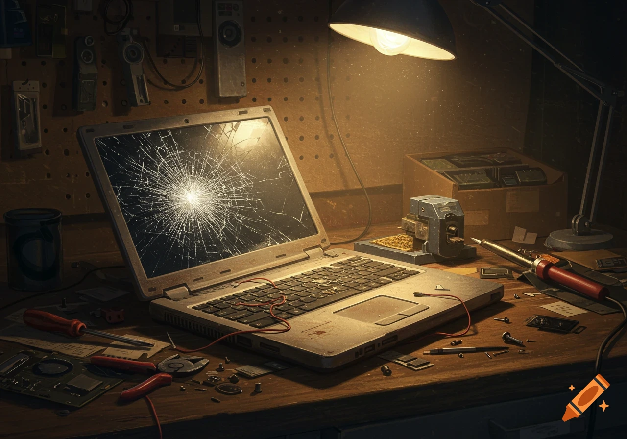 A shattered laptop screen on a dusty workbench, surrounded by repair tools, wires, and components, illuminated by a desk lamp.