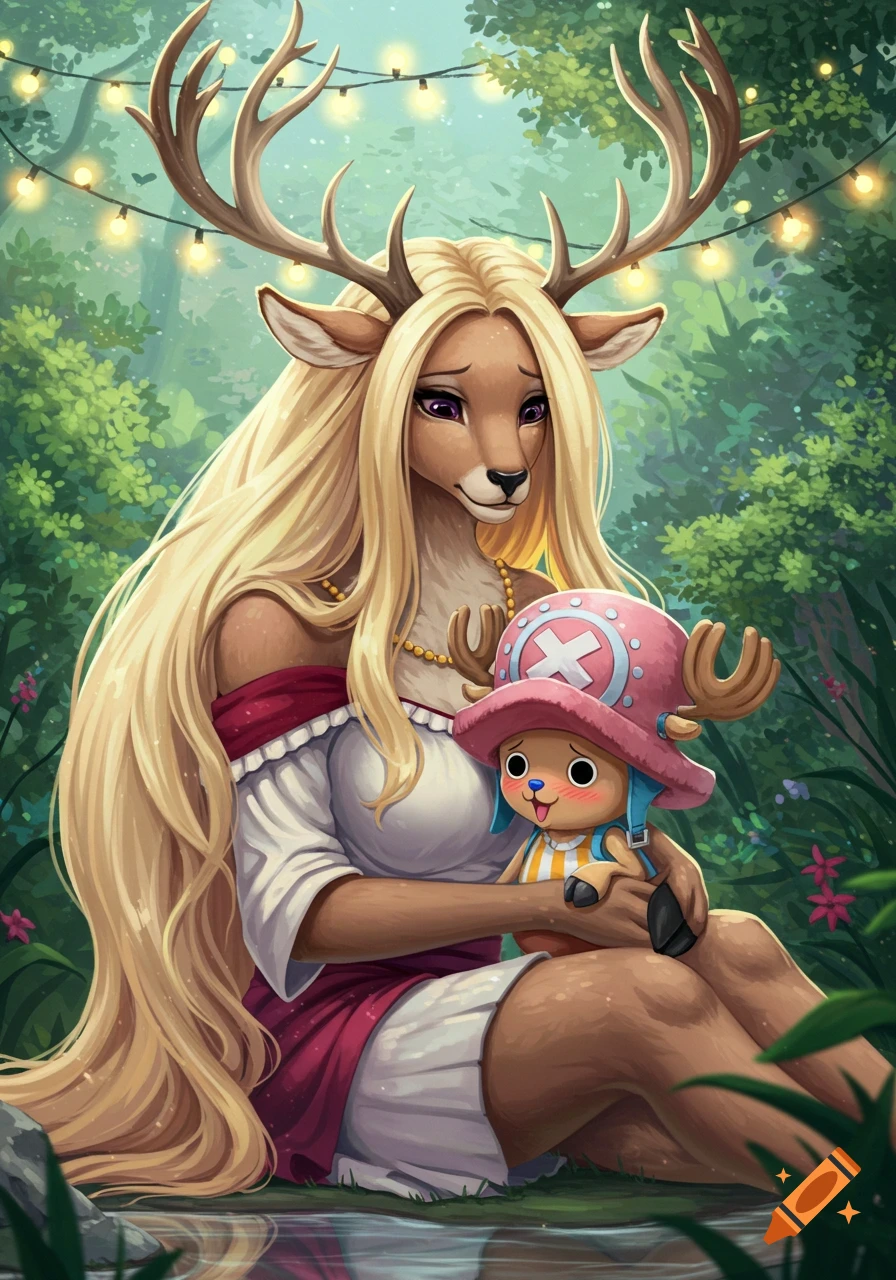 A blonde, antlered deer woman in a forest holds a cute, blushing Tony Tony Chopper, with string lights overhead.