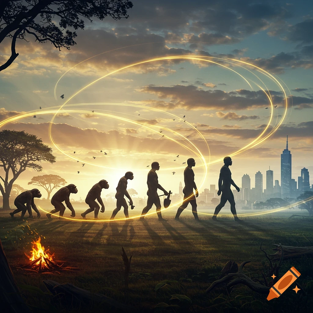 Silhouettes depicting human evolution from ape to modern man walk across a field towards a city skyline at sunset with glowing rings.