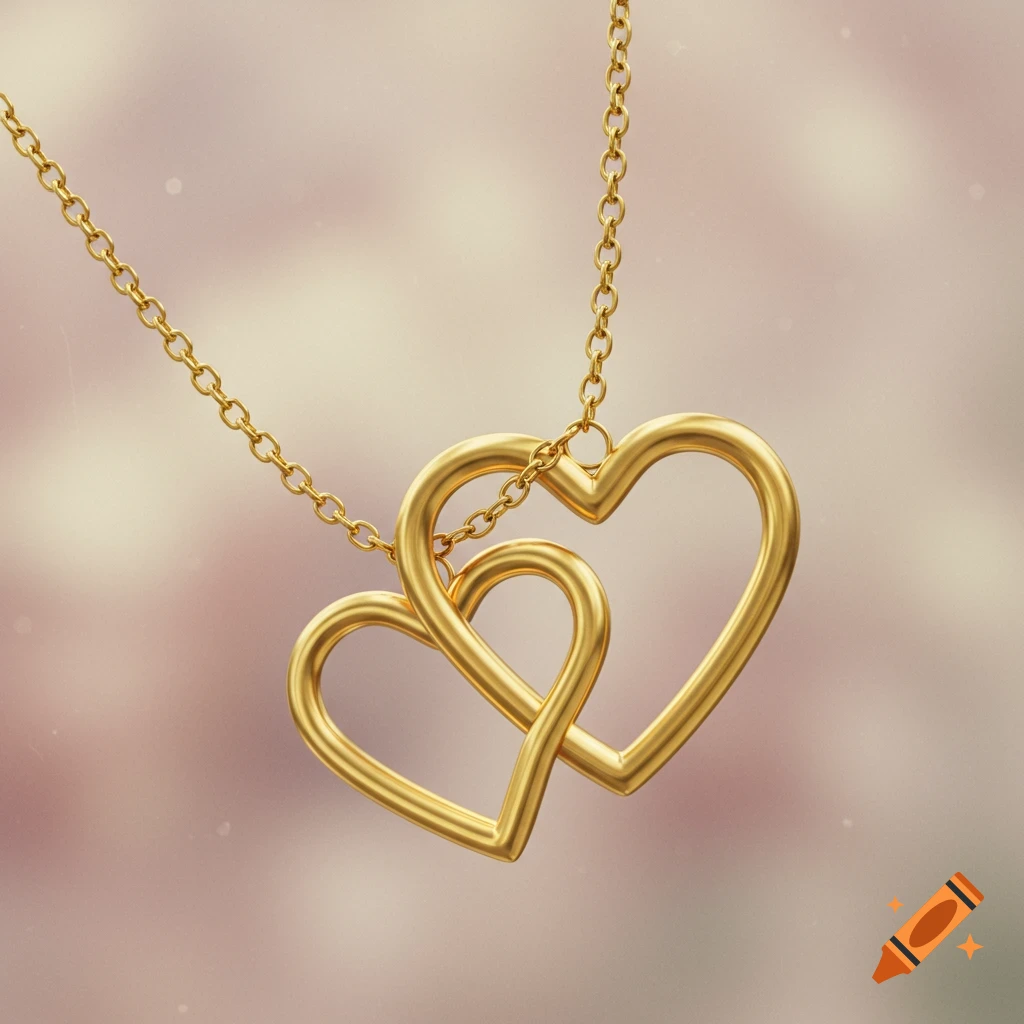 A golden necklace with two interlocking heart pendants on a blurry pink background.