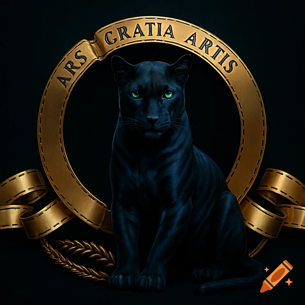 A black panther with glowing green eyes sits inside a golden circular ribbon frame with 'ARS GRATIA ARTIS' text, on a dark background.