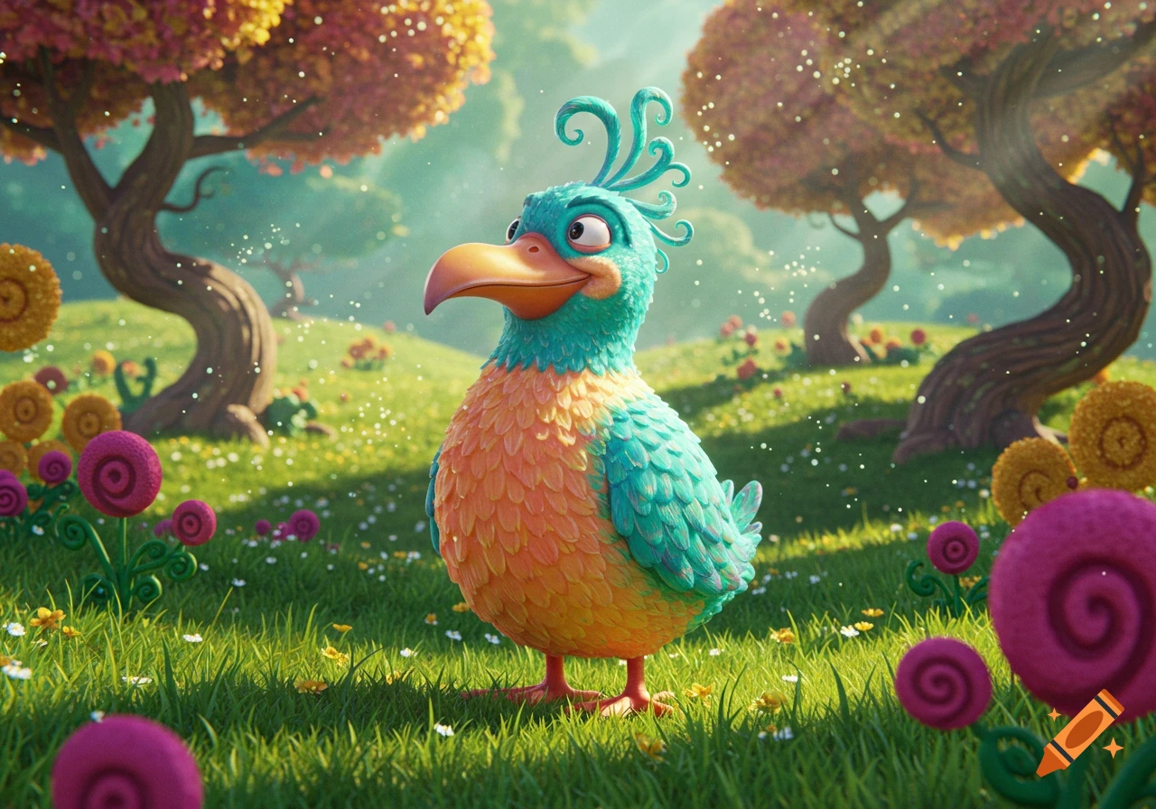 A plump, colorful cartoon bird with teal and orange feathers stands in a whimsical forest with glowing trees and flowers.