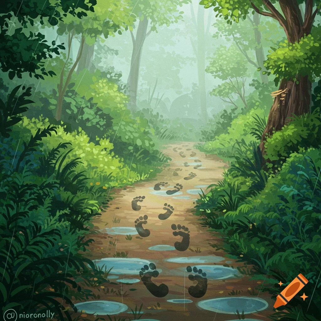 An illustrative, whimsical scene of barefoot footprints on a muddy path through a lush green forest during a rainy day.