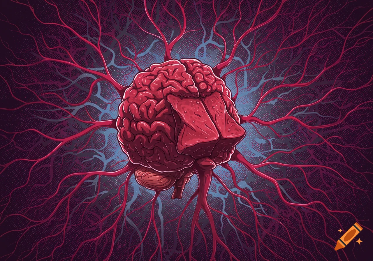 A comic book style illustration of a human brain with an angular right side, surrounded by a network of red and blue veins on a dark, textured background.