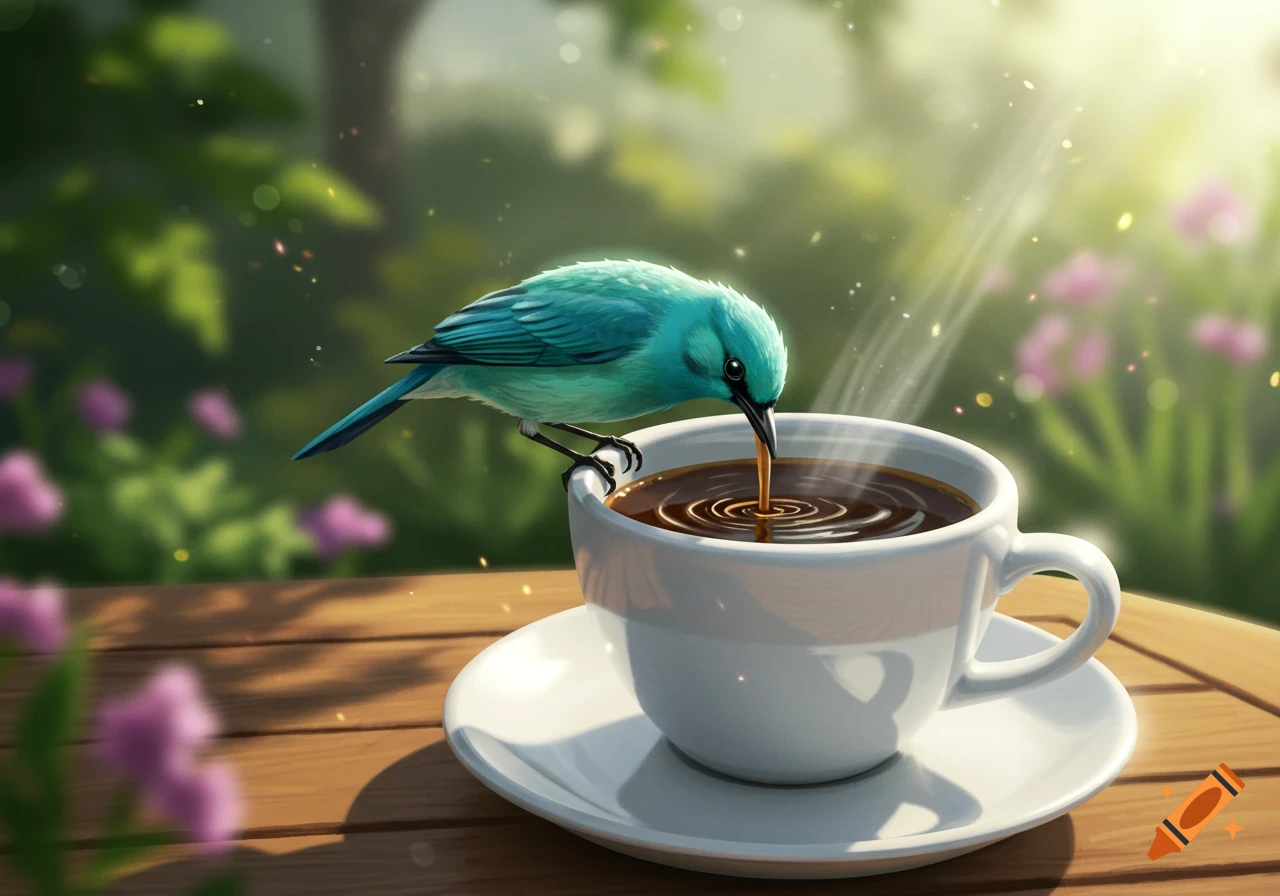 A vibrant blue bird perches on a white coffee cup, dipping its beak into the dark liquid, set outdoors with a sunny, blurred green background.
