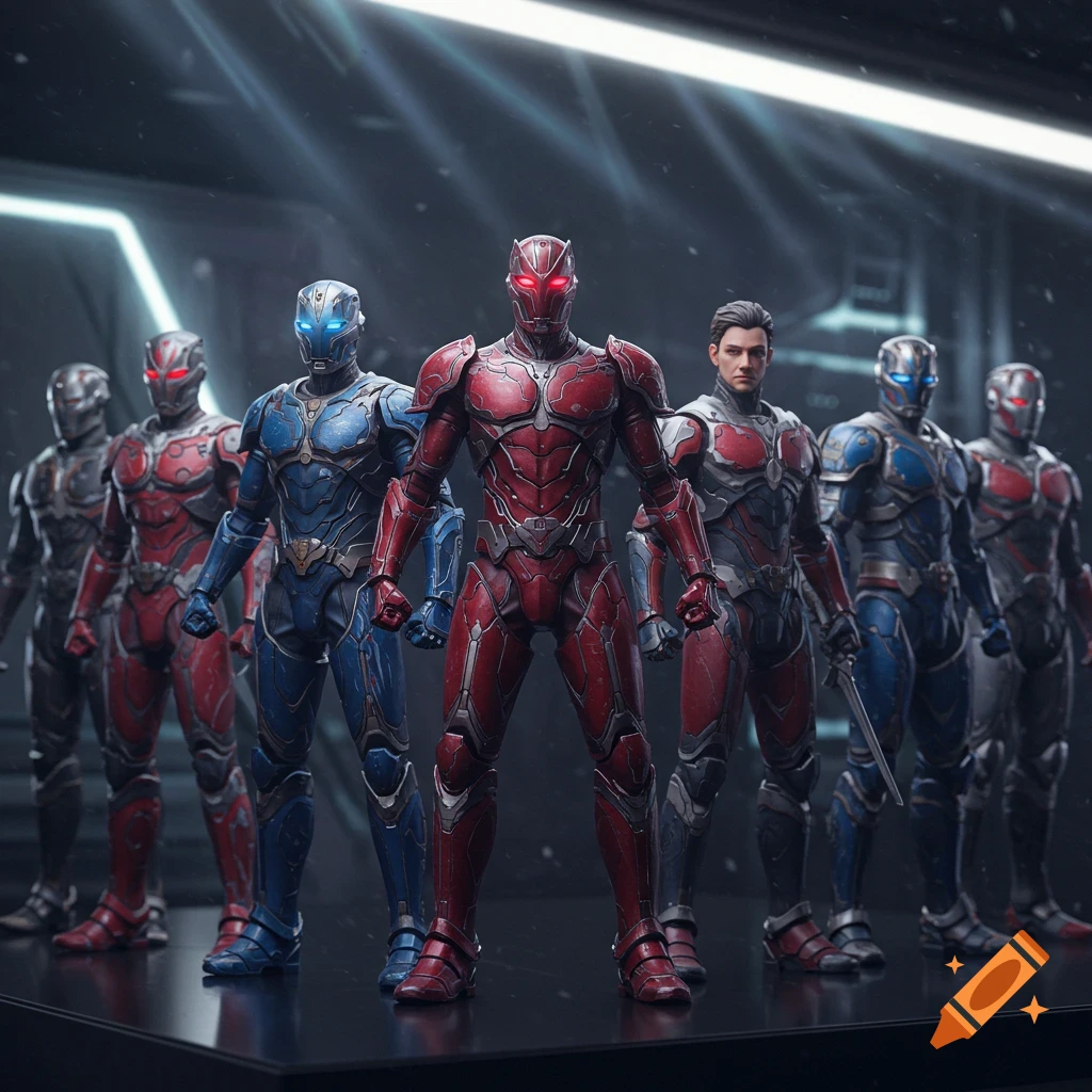 Several detailed photorealistic action figures in red and blue sci-fi armor stand in a dark, futuristic setting.