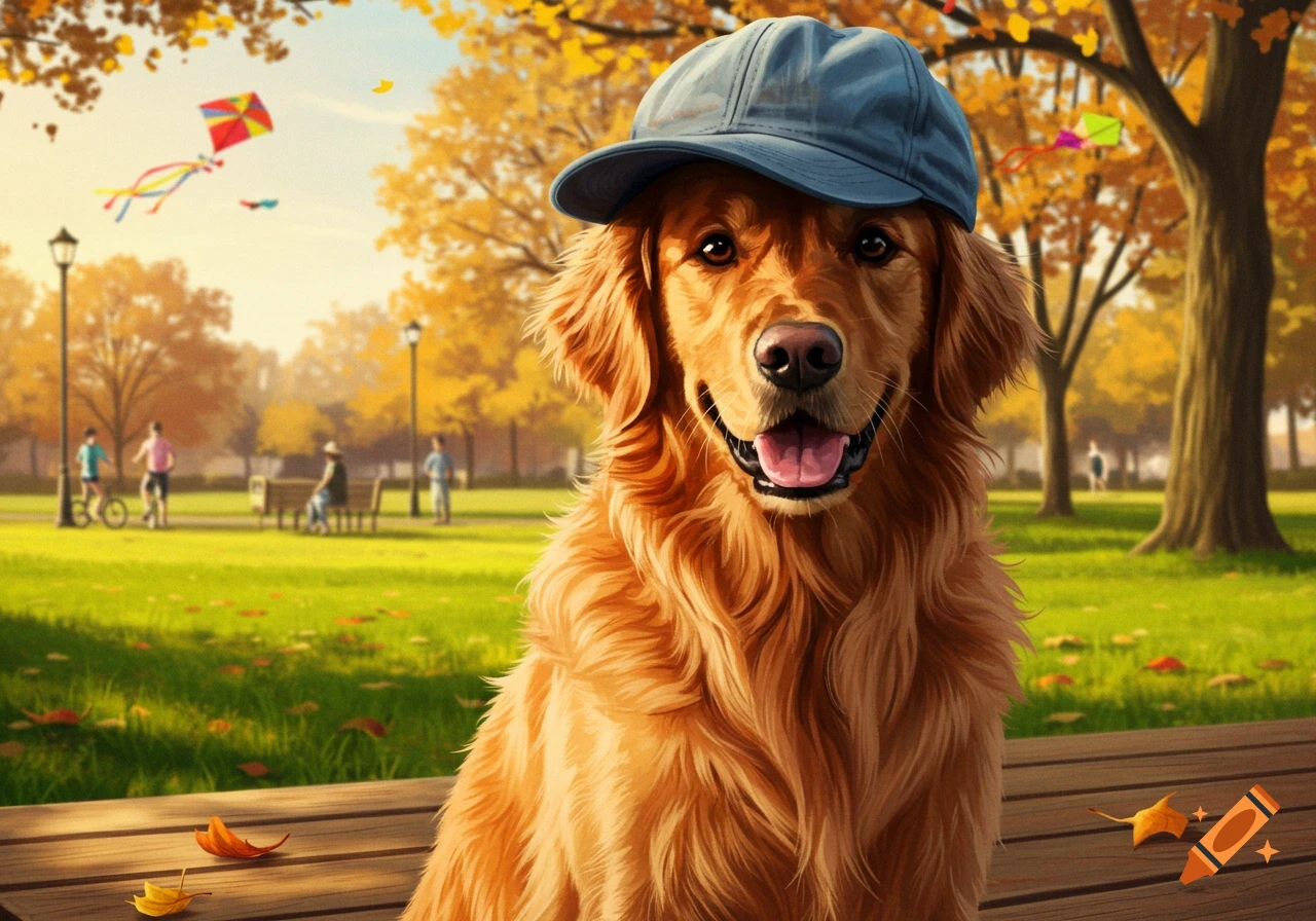 A photorealistic golden retriever dog wearing a blue baseball cap sits on a bench in a sunny autumn park with fall foliage.