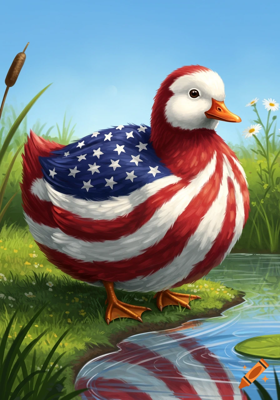 A cartoon duck with red, white, and blue American flag patterned feathers stands by a pond.