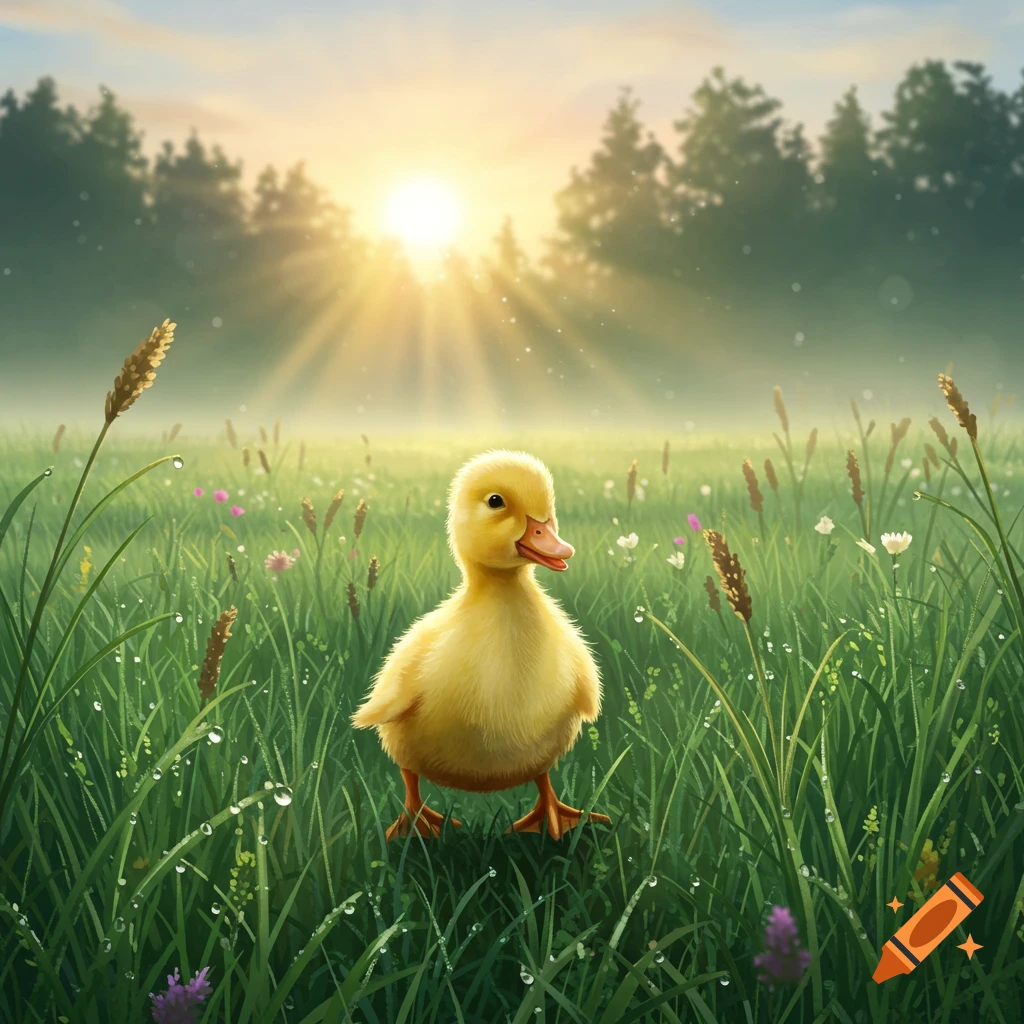 A small yellow duckling waddling through a dewy green field at sunrise with sun rays beaming through misty trees in the background.