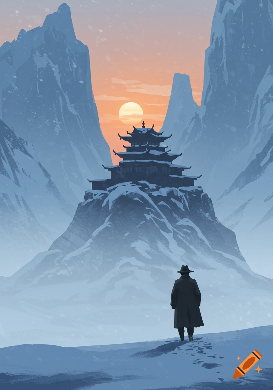 A stylized image of a man in explorer attire walking through a snowy mountain landscape towards a distant monastery under an orange sunset.