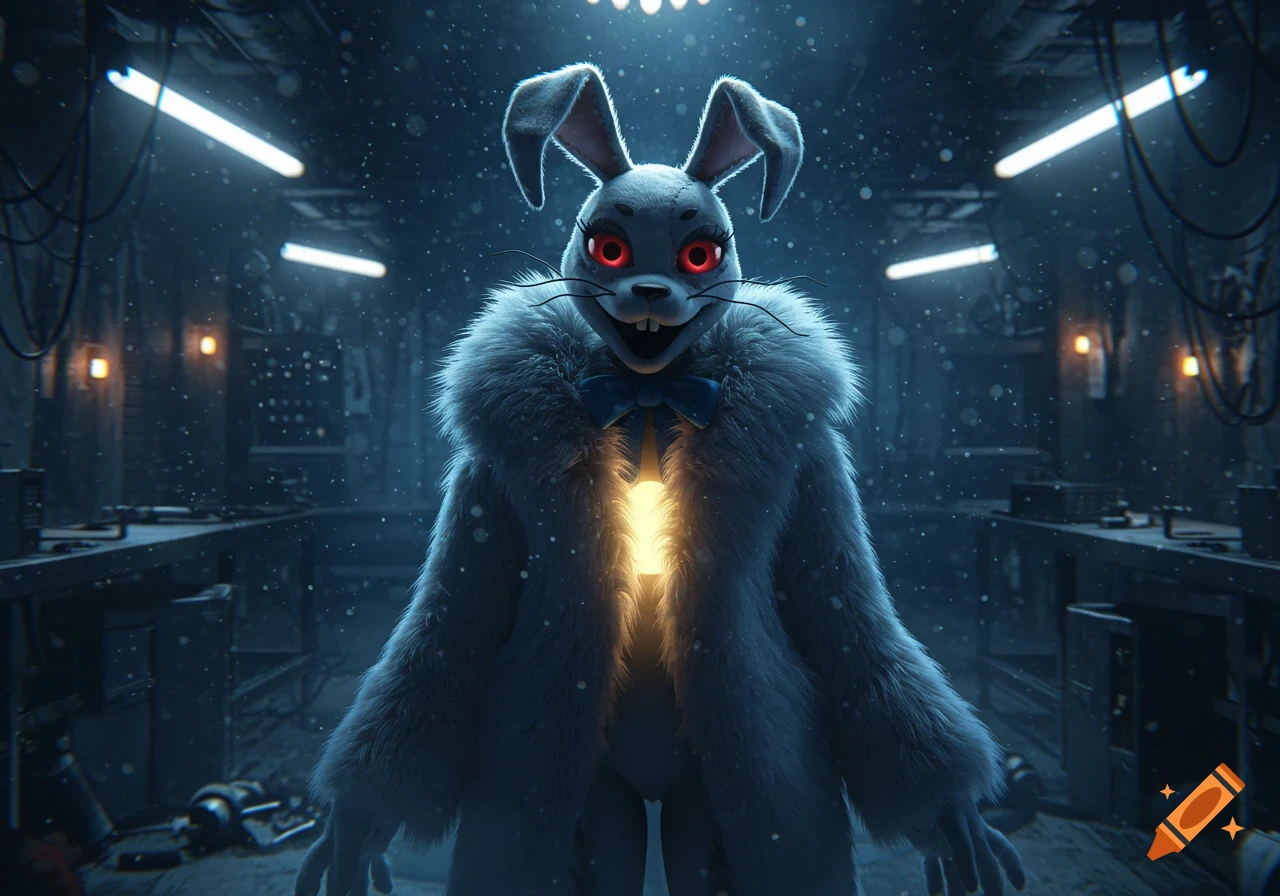 Vanny, a white furry rabbit with glowing red eyes and a blue bow, stands in a dark, snowy industrial room.