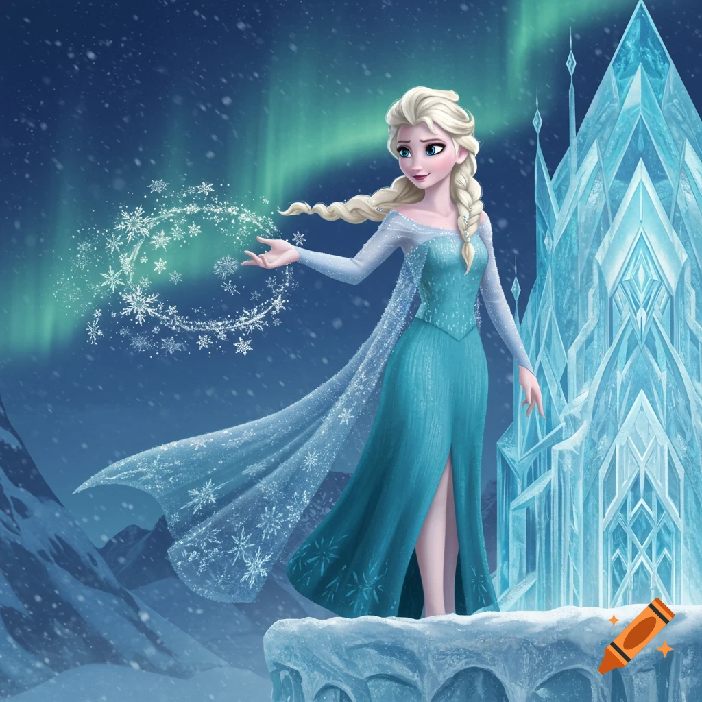 Elsa casting ice magic in front of her ice castle under the aurora borealis and falling snow.