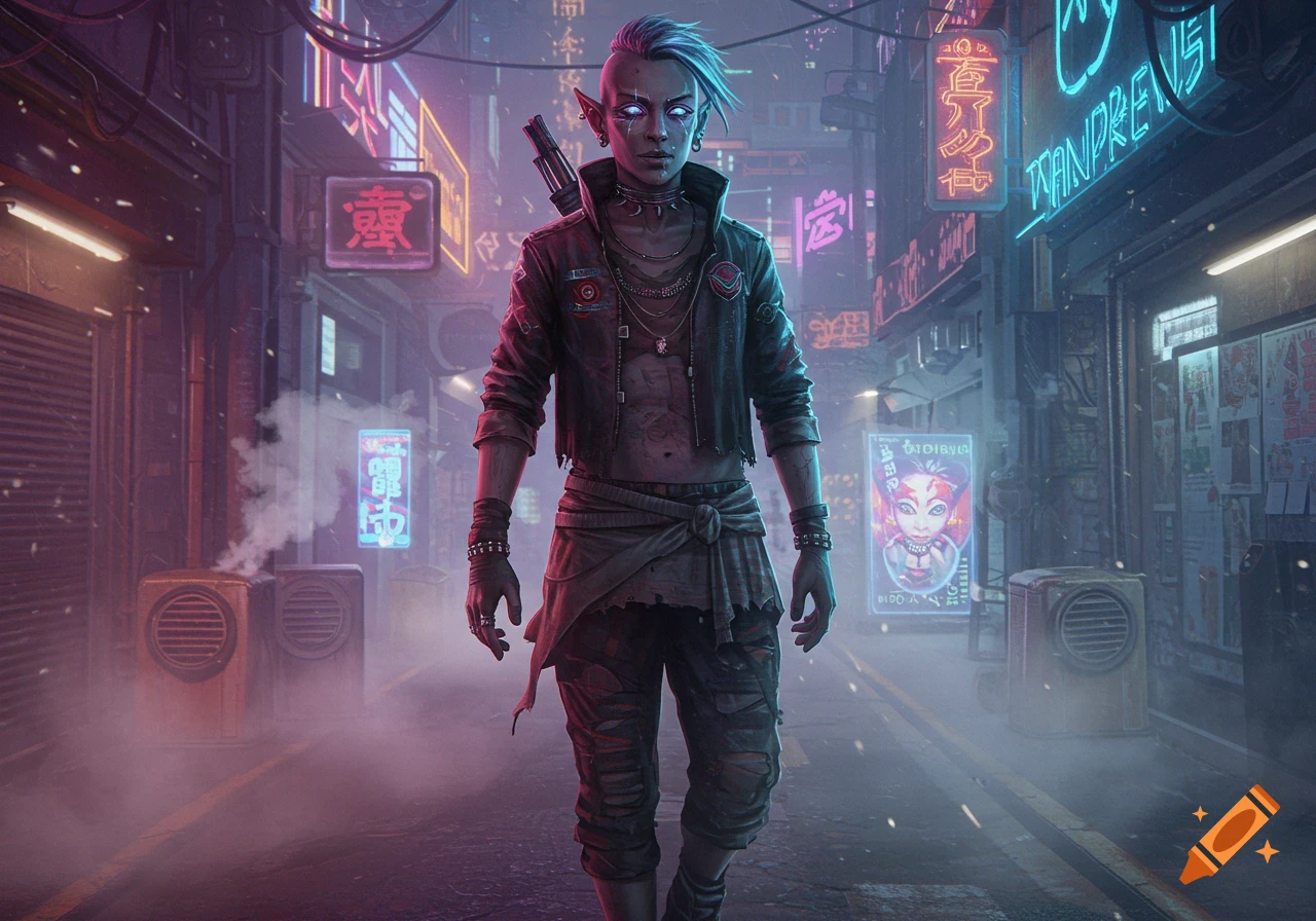 An androgenous elf in tattered clothing walks down a neon-lit cyberpunk city street at night, with smoke rising from vents.