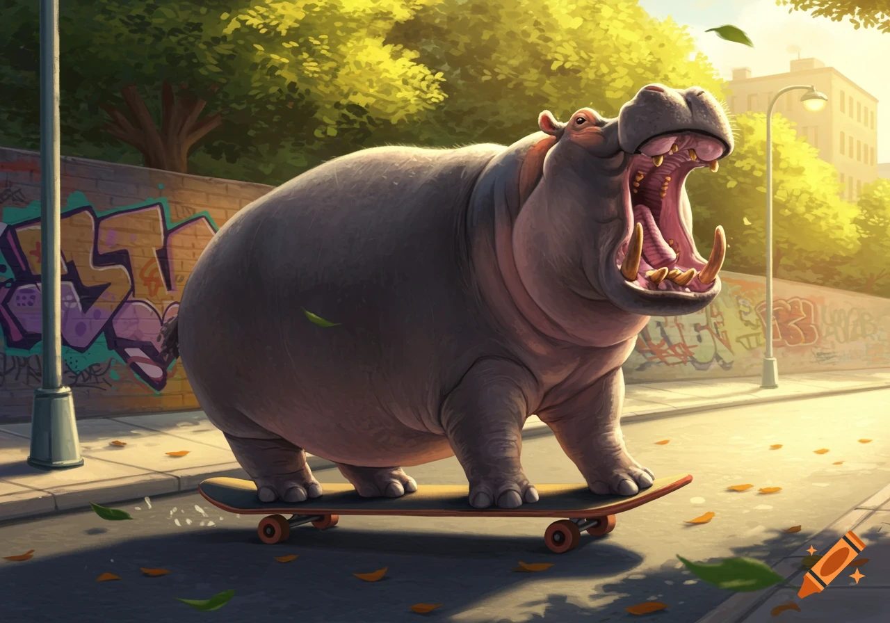 A cartoon hippo with its mouth wide open rides a skateboard down an urban street with graffiti on a wall, under a sunny sky.