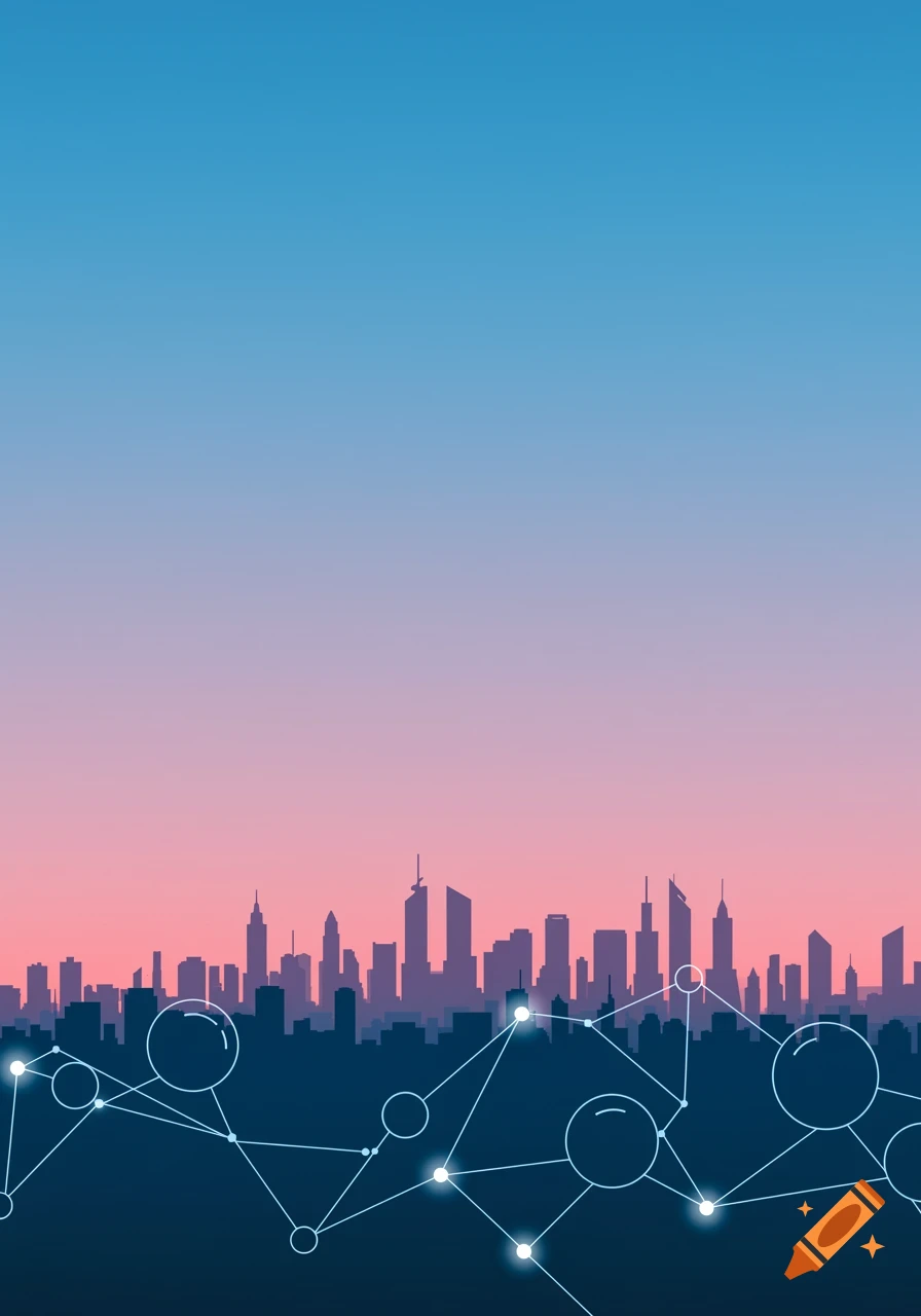 A stylized illustration of a city skyline silhouette at sunset with glowing network lines in the foreground.