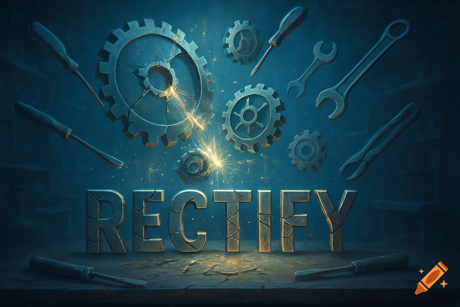 3D rendering of the word RECTIFY made of cracked stone letters, surrounded by floating gears, tools, and welding sparks on a dark blue background.