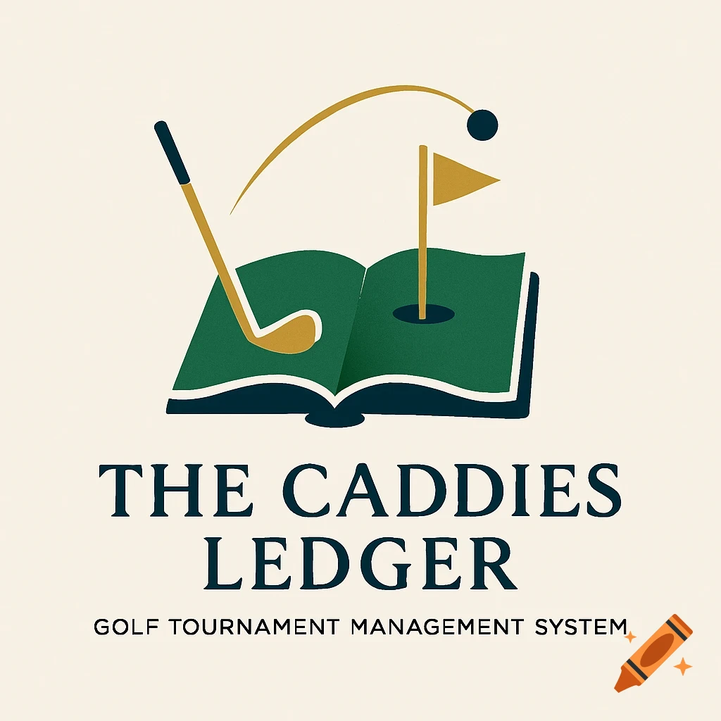 A logo for 'The Caddies Ledger' golf tournament management system, featuring an open book, a golf club, a golf ball, and a golf flag.