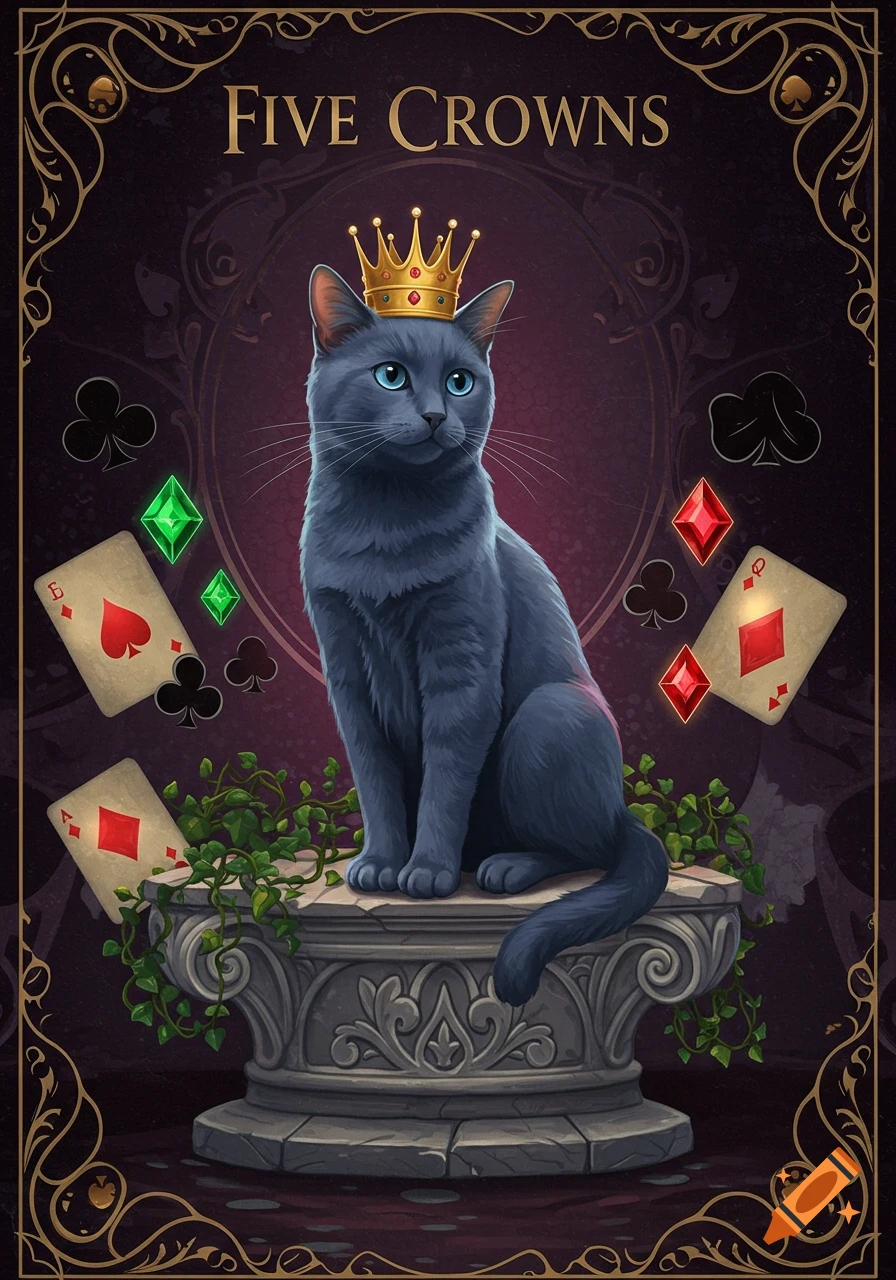 A blue-grey cat wearing a gold crown sits on a stone pedestal with playing cards and suit symbols floating around it. Text at the top reads 'FIVE CROWNS'.