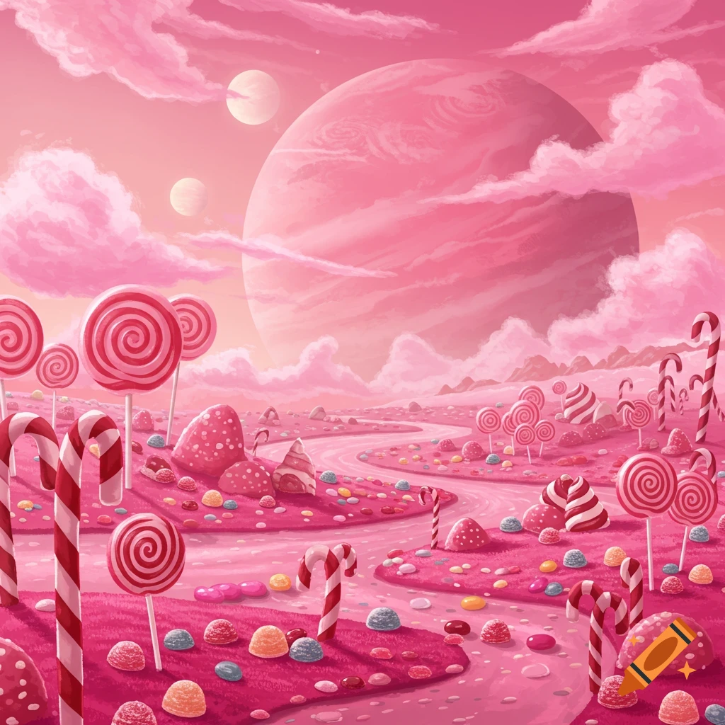 A vibrant pink candy land landscape with lollipop trees, candy cane bushes, and a pink striped planet in the sky.