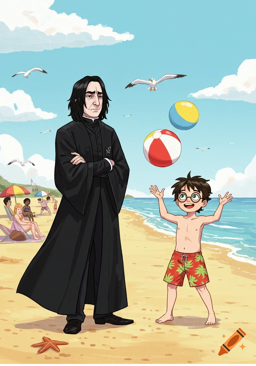 Snape in black robes at a sunny beach with a young, shirtless Harry Potter playing with beach balls in a cartoon style.