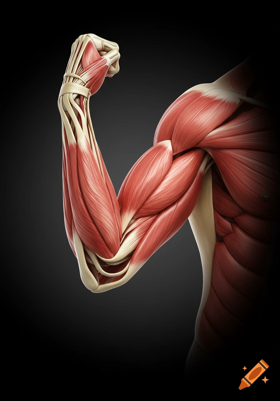 Detailed anatomical illustration of a flexing human arm, showing red muscles and beige bones against a dark background.